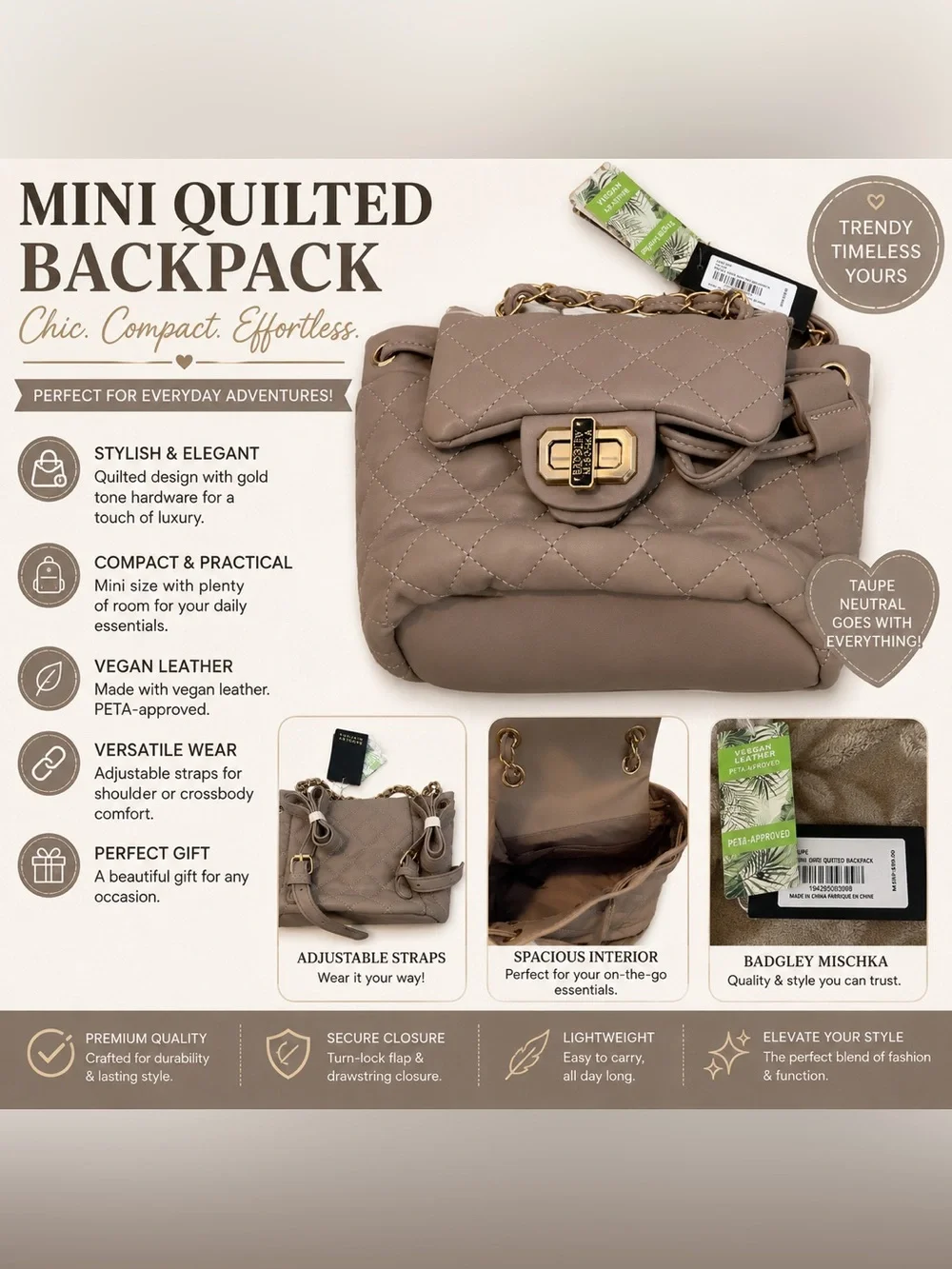 Mini Quilted Backpack - Taupe